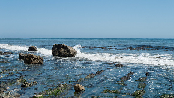 Arroyo Burro Beach, Santa Barbara, features rocks in the sand