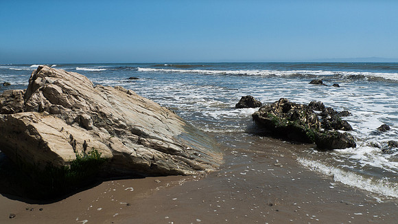Arroyo Burro Beach, Santa Barbara, features rocks in the sand