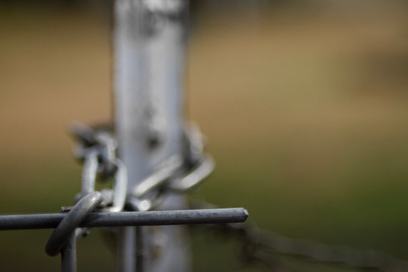 Metal chain links and post, closeup with blurred green backgroun