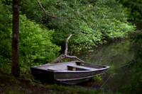 Boat on the bank of the water with forest