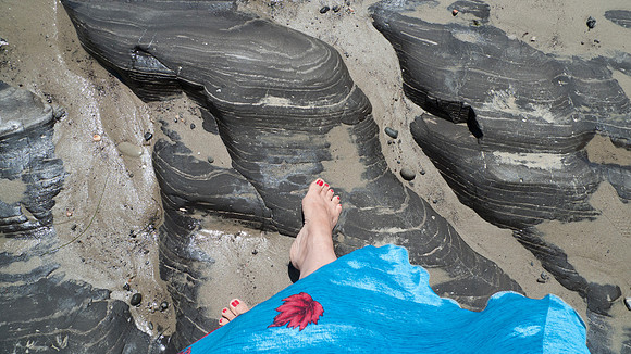 Earthing at the beach with bare feet in the wet sand