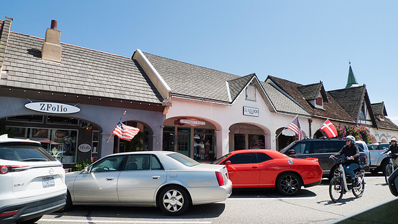 Solvang, California street with shops and bicyclists