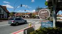 Solvang, California street with shops and bicyclists