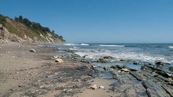 Arroyo Burro Beach, Santa Barbara, features rocks in the sand