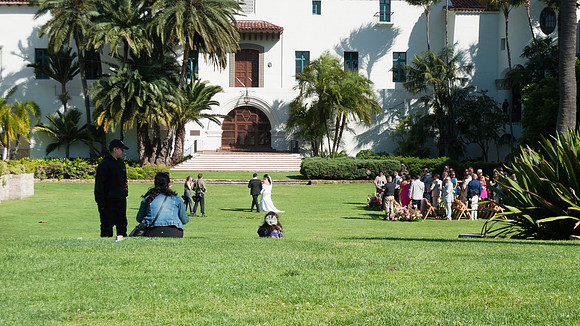 Santa Barbara Courthouse, Bride and groom after their outdoor we