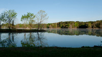 Lake scene with jetty, trees in springtime, still waters