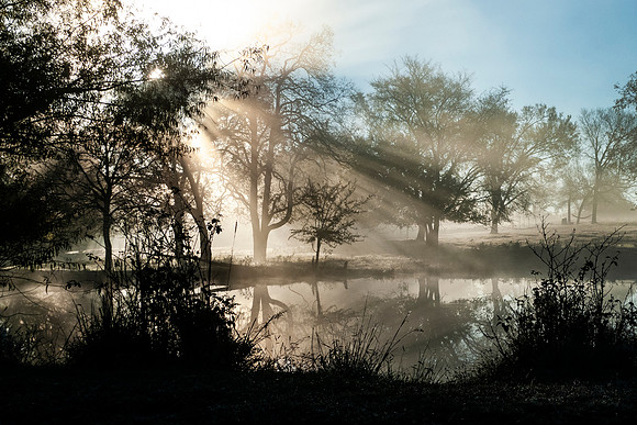Sunbeams and reflections on a foggy dawn
