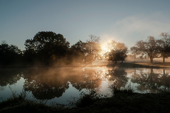 Sunbeams and reflections on a foggy dawn