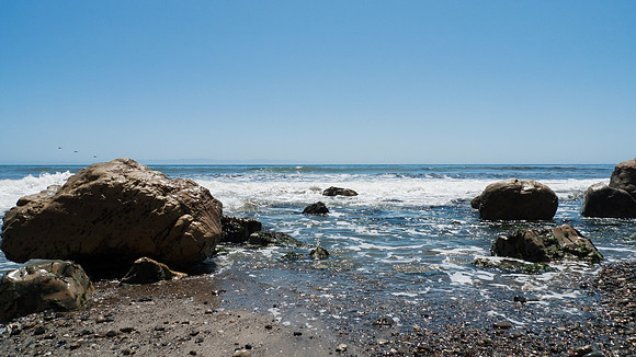 Arroyo Burro Beach, Santa Barbara, features rocks in the sand