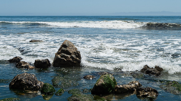 Arroyo Burro Beach, Santa Barbara, features rocks in the sand