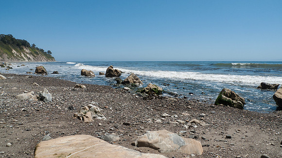 Arroyo Burro Beach, Santa Barbara, features rocks in the sand