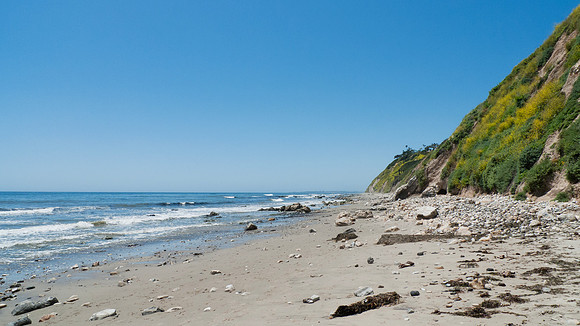 Arroyo Burro Beach, Santa Barbara, features rocks in the sand