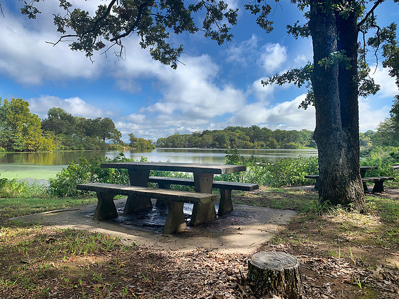 Picnic table by the lake, Cowlington Recreation Area, Oklahoma