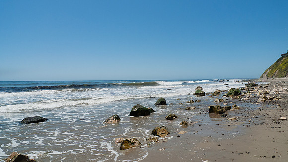 Arroyo Burro Beach, Santa Barbara, features rocks in the sand
