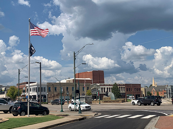 Downtown Fort Smith, Arkansas with American Flag