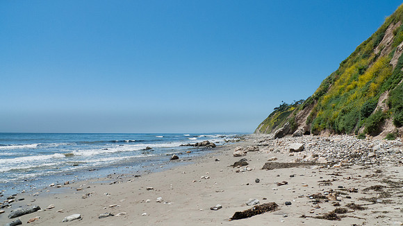 Arroyo Burro Beach, Santa Barbara, features rocks in the sand